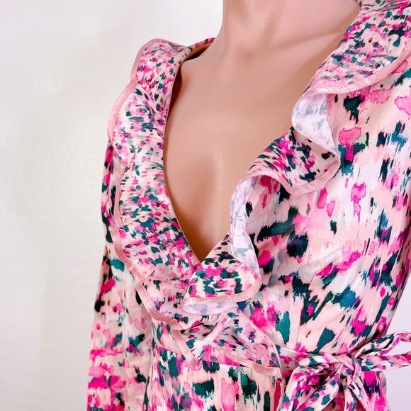 Rococo Sand Mimi Ruffle Trim Long Puff Sleeve Mini Wrap Dress Pink size XS NWT - Picture 5 of 14